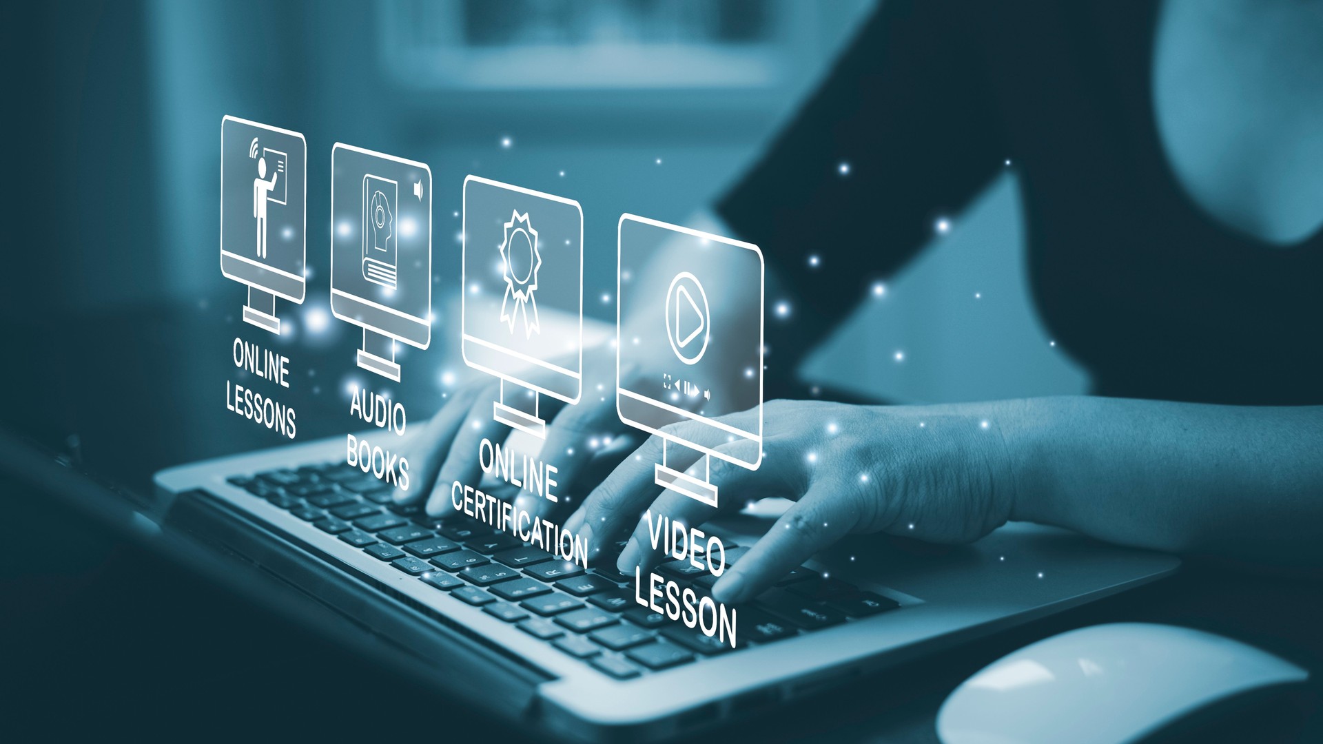 Concept E-learning education,Man using laptop with Online Education icon on virtual screen. video internet lessons and online webinar, online lessons on a digital screen.Education internet Technology.